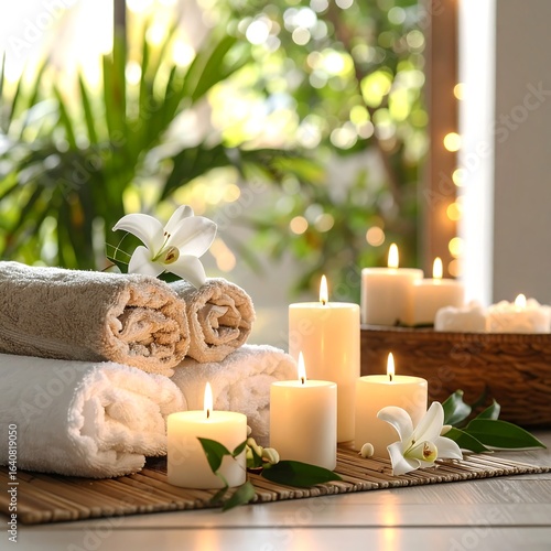 Serene spa setting with rolled towels, lit candles, and lilies (1)