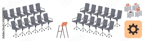 Rows of identical office chairs face each other with one distinct chair in the center, complemented by file cabinets and a gear icon. Ideal for teamwork, individuality, organization, balance