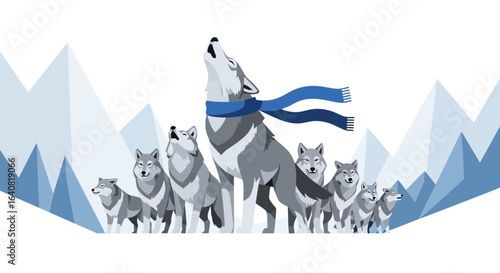 Winter Serenade A Pack Of Wolves Under Snowy Mountains Illustrative Design