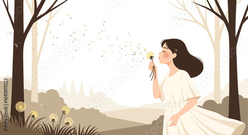 Wishing On Dandelion With Dreamy Woman In Nature Graphic Design Element