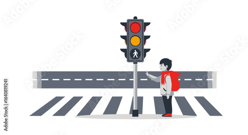 Young Boy Waits at a Crosswalk at the Traffic Light with a Red Backpack