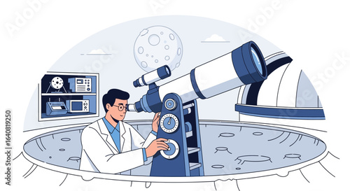 Scientist using telescope to explore the universe and researching the moon in the observatory for discovery
