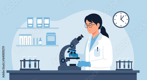 Scientist woman working in a laboratory with a microscope to develop medication and research for vaccine for disease minimal research