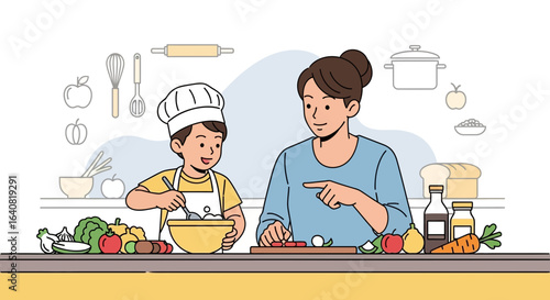 Young Chef And Mother Prepare Food Together In The Kitchen At Home