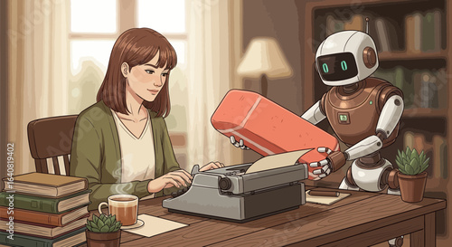 Woman And Robot Collaboration In Novel Writing With Coffee And Books