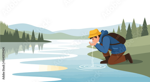 Thirsty Hiker Refreshing Himself With Fresh Water From Clean Mountain River
