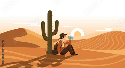 Thirsty Traveler Rests By Cactus In Desert Under Desert Sun Silhouette