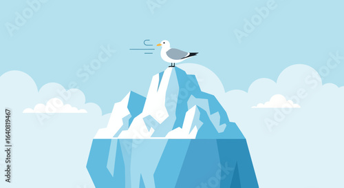 Seagull On Top Of Iceberg Under Sky In Windy Day Illustration