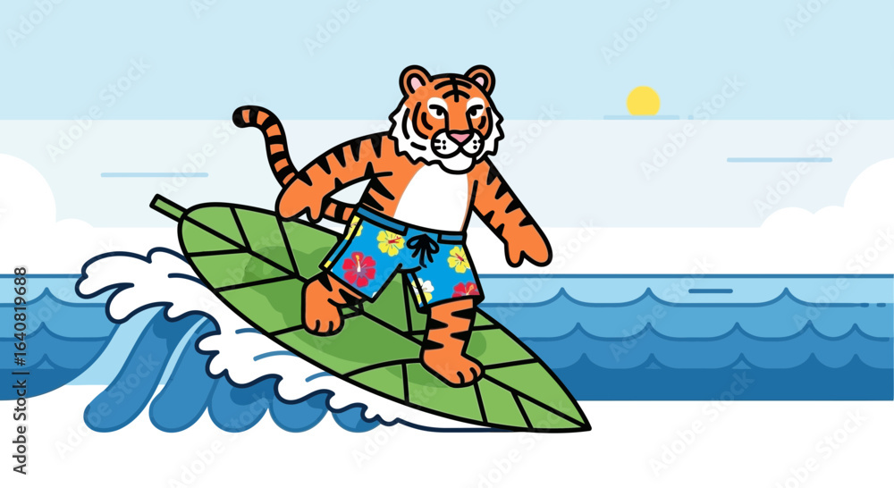 Fototapeta premium Tiger On The Leaf Surfing In The Ocean With Vacation Shorts