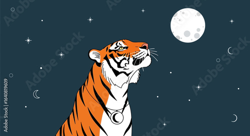 Tiger Gazing At The Moon Amidst Starry Night Vector Illustration