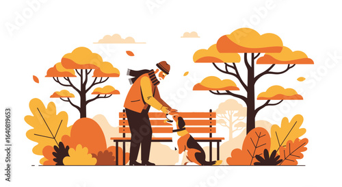 Senior Moment Man And Dog Enjoying Companionship Outdoors In Autumn Park
