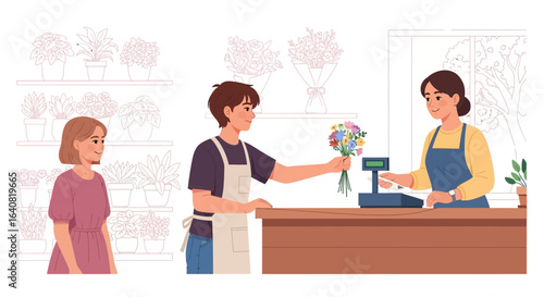 Young customer buying flowers in a flower shop with a friendly florist at the counter smiling during the transaction in a bright and cheerful atmosphere