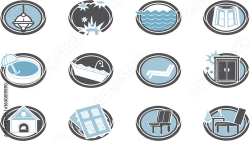 Collection of interior design and home related icons featuring furniture and amenities in oval frames