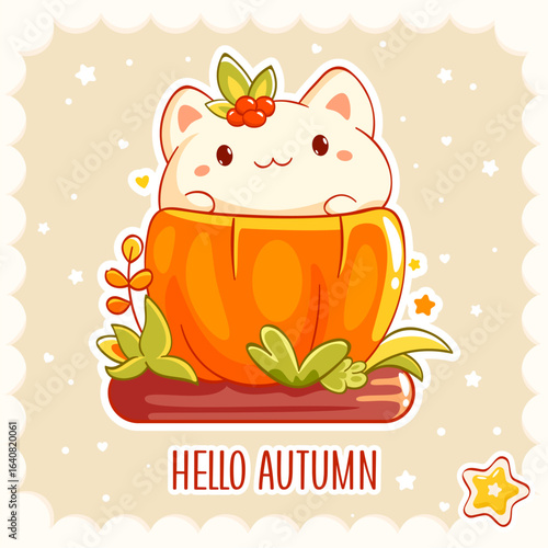 Hello autumn. Season fall card with little kitty in kawaii style. Tiny baby cat in pumpkin. Can be used for t-shirt print, sticker, greeting card. Vector illustration EPS8