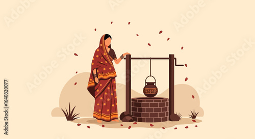 Woman At Well In Village Rural Lifestyle Digital Art Illustration