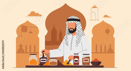 Traditional Arabian Spice Merchant Preparing Herbs and Spices in His Shop Setting