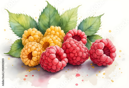 Various fresh raspberries in vibrant red and yellow hues are artistically depicted, surrounded by lush green leaves, showcasing the beauty of natures bounty.