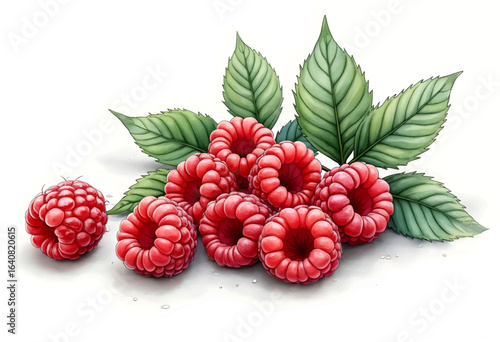 A cluster of vibrant, red raspberries rests among green leaves, showcasing their plump texture and natural sheen, highlighting their freshness and appeal.