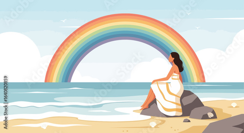 Serene Beachside Contemplation Woman In White Dress Admiring Rainbow