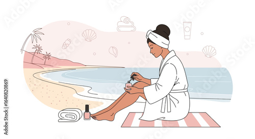 Serene beachside spa day: Woman pampers herself with a manicure near the ocean enjoying relaxation