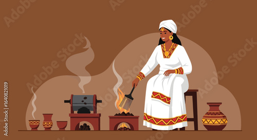 Traditional Ethiopian Coffee Ceremony With Woman Roasting Beans At Home