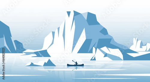 Serene Kayak Adventure Amidst Majestic Icebergs in a Tranquil Arctic Landscape