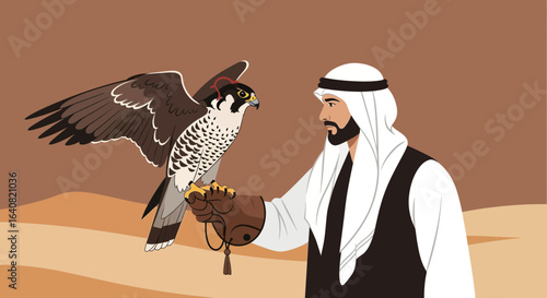 Traditional Falconry Practice Middle Eastern Man Falcon Hunting Hobby Desert