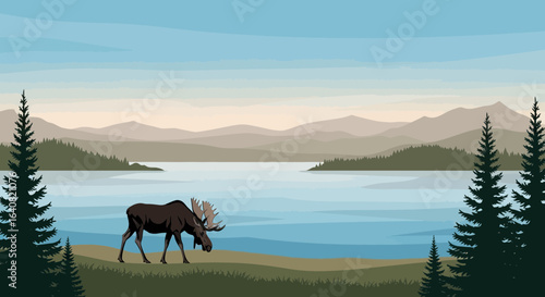 Serene lake landscape illustration with moose grazing by the water and mountain backdrop