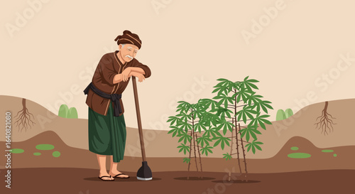 Traditional Farmer Pauses Amidst Cassava Plantation Depicting Rural Life and Agriculture in a Tropical Country