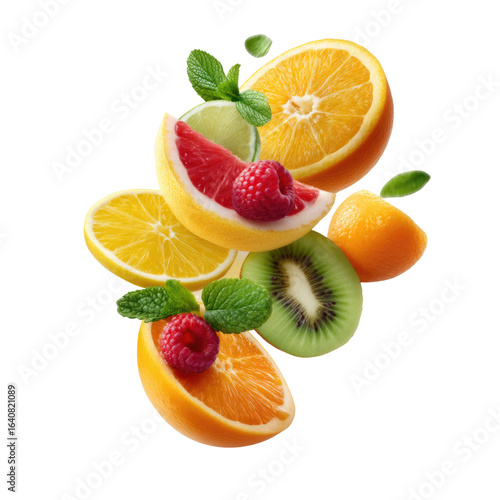 Colorful Assortment of Fresh Citrus and Berries with Vibrant Green Leaves for Healthy Lifestyle and Refreshing Summer Recipes