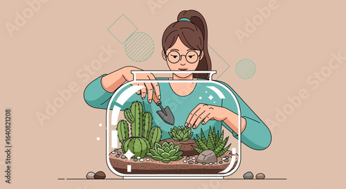 Woman Creates Cactus Succulent Terrarium Doing Decorative Home Gardening Hobby