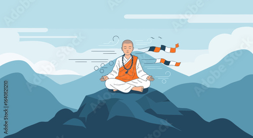 Serene Monk in Meditation Amidst Majestic Mountains and Whispering Winds landscape scene