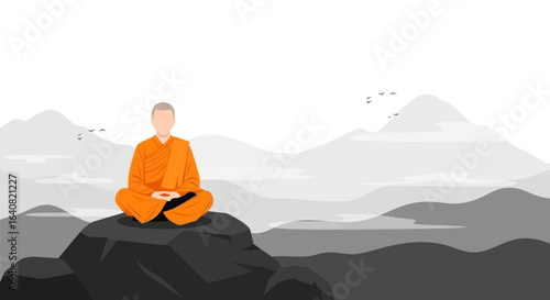 Serene monk meditating on a mountain top with peaceful landscape background and birds flying symbolizing calmness