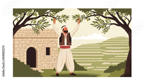Traditional Olive Harvest Scene on Rural Farm with Man and Stone House