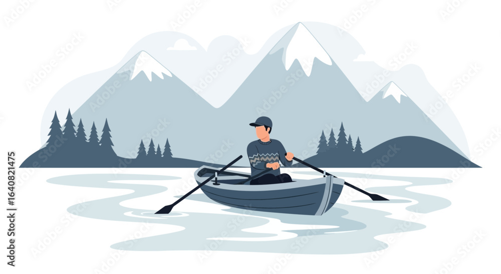 Fototapeta premium Serene vector illustration of a man rowing a boat on a calm lake surrounded by mountains