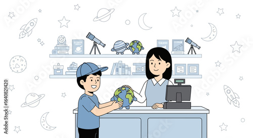 Young Explorer Purchases a Globe From a Bookstore With Astronomy Themed Decor