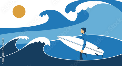 Serene Surfer Stroll: Coastal Scene With Man and Surfboard Illustration