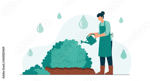 Woman Doing Garden Watering Bush With Can Illustration Vector Graphic