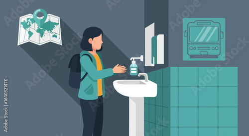 Traveler taking precautions washing hands at a station to prevent viruses and bacteria for personal health