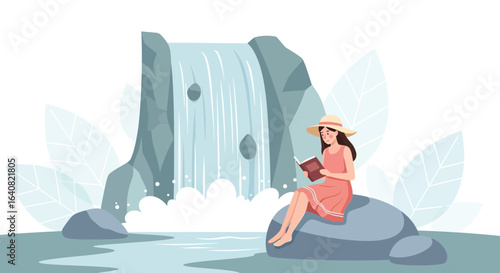 Woman Enjoying Literature At The Serene Waterfall Nature Getaway Retreat