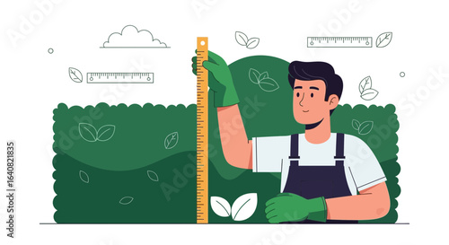 Young Gardener Measuring Bush Height For Landscaping And Yard Maintenance