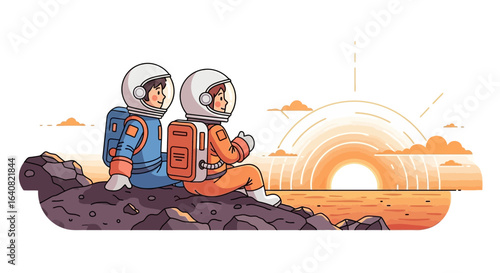 Two Astronauts Contemplate a Distant Sunset from the Surface of an Alien Planet