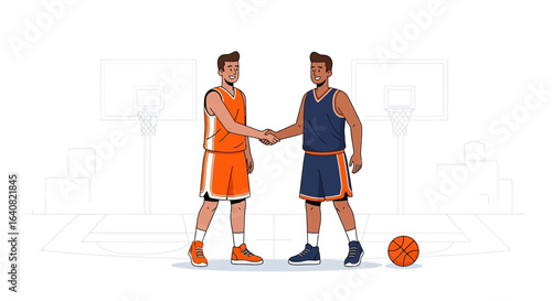 Two basketball players shaking hands after a match showcasing sportsmanship and respect in sports illustrating healthy competition