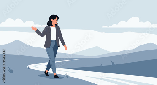 Woman Enjoying Serene Landscape Scenic Mountain Views With Open Path
