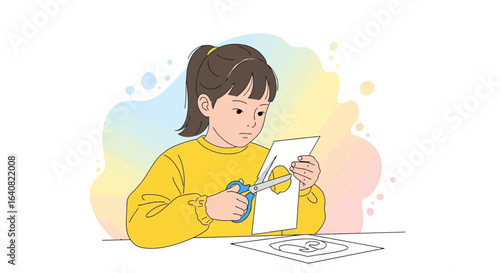 Young Girl Concentrating On Cutting Paper Shapes For Crafting Project At Home