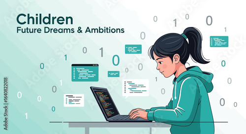Young Girl Coding On Laptop Represents Future Ambitions And Technological Skills For Children