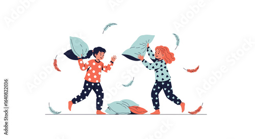 Two playful girls engaging in a lively pillow fight in their pajamas creating a joyful atmosphere filled with fun and laughter