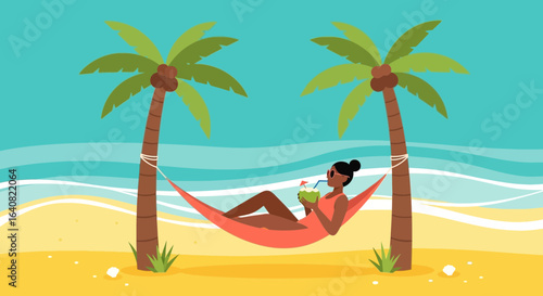 Woman Enjoying Tropical Beach Holiday Relaxation In Hammock With Coconut Drink