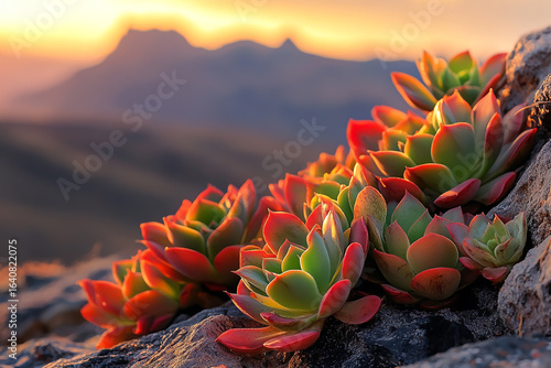 Fototapeta Naklejka Na Ścianę i Meble -  Vibrant succulent plants growing on a rocky mountain slope at sunset