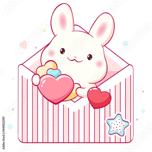 Square Easter or Valentine card with little bunny in envelope. Childish print with cute rabbit in open letter. Can be used for t-shirt print, sticker, badge, greeting card. Vector illustration EPS8